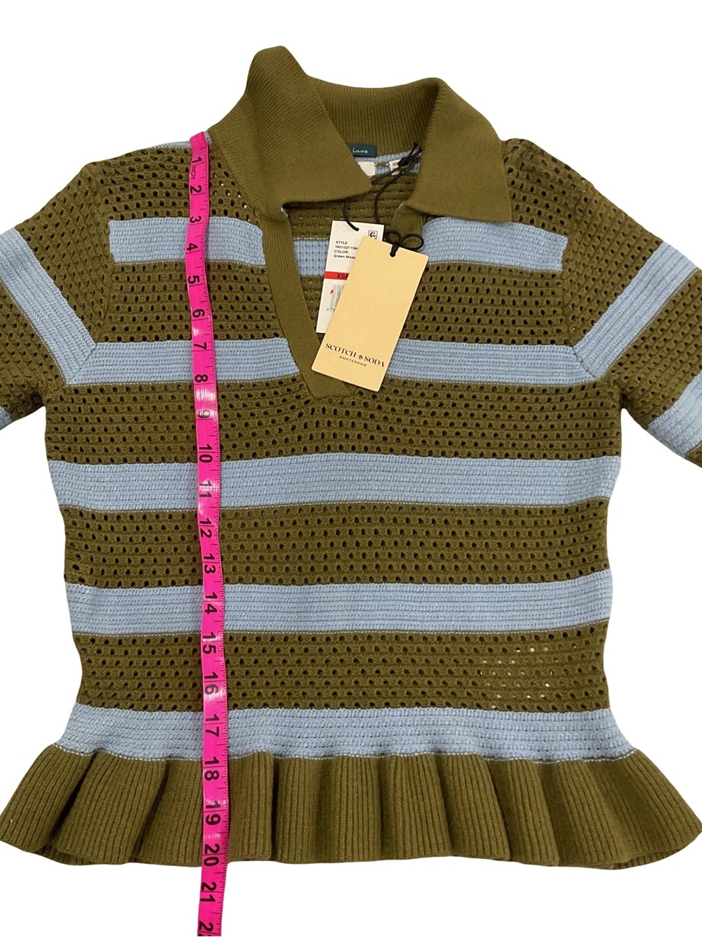 NWT Scotch & Soda Pointelle Peplum Sweater Green Moss Cerulean XS - Picture 12 of 16